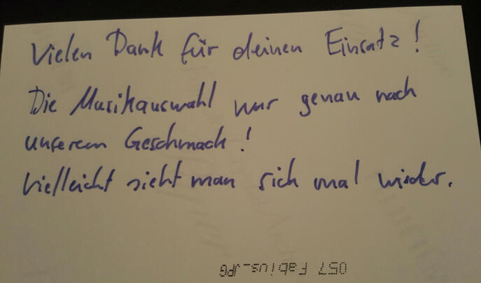 Ein Dj Kunde bedankt sich für unseren Auftritt - Text ist zu sehen